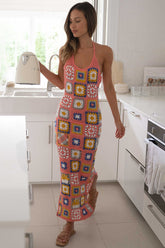 Multicolor Pattern Crochet Halter Slit Vacation Maxi Dresses